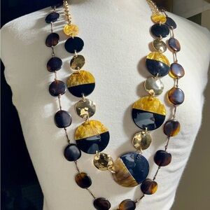 Faux Tortoise Shell and Two Tone Necklaces Bold Long Gold Toned Metal